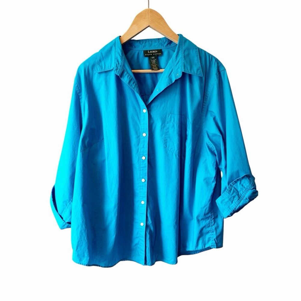 Ralph Lauren Women’s 2X Turquoise Button Front Shirt Plus Size Cotton Top - Picture 2 of 11